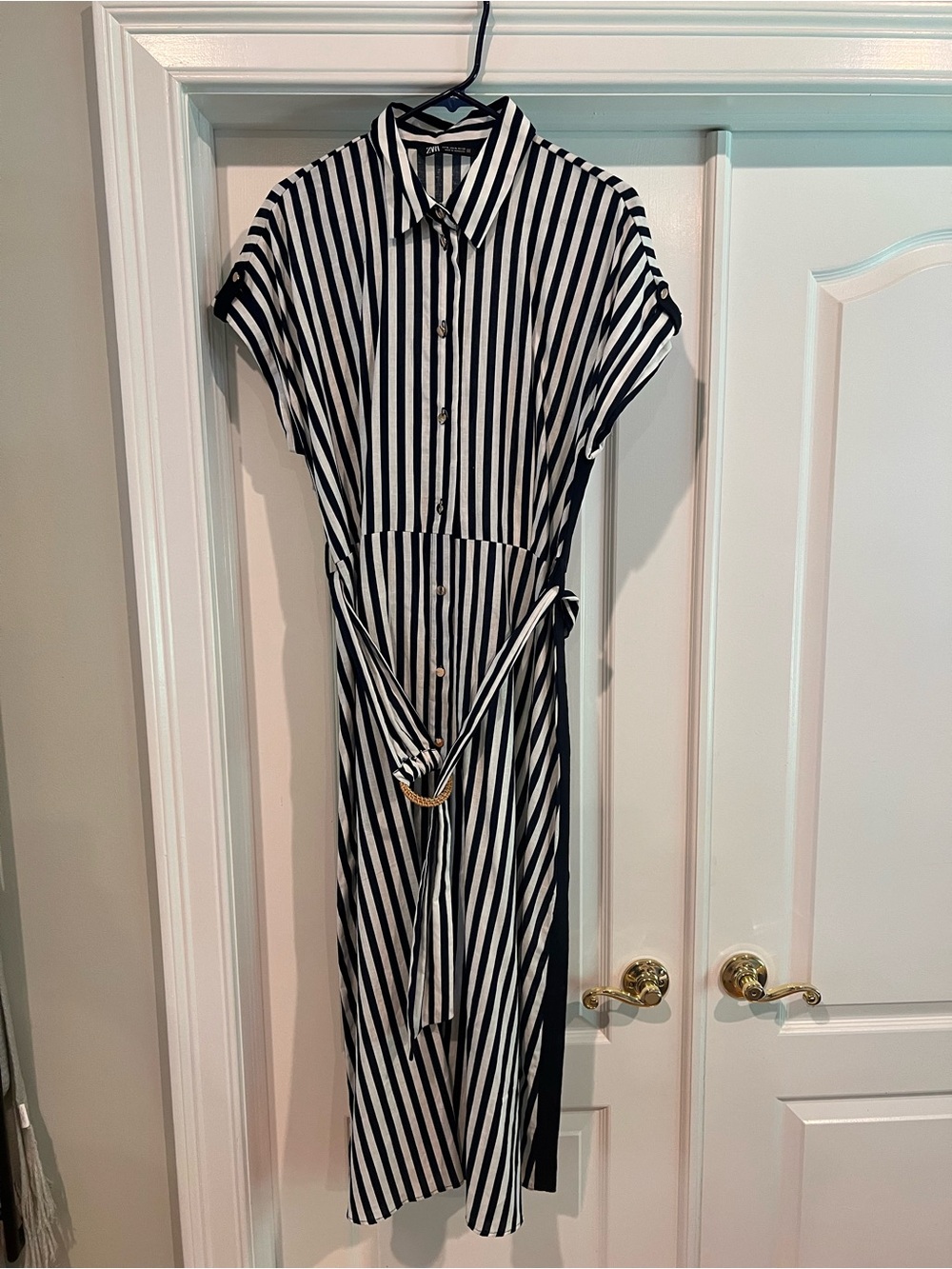 ZARA Striped Button-Front Shirt Dress with Belt - Navy & White size XL
